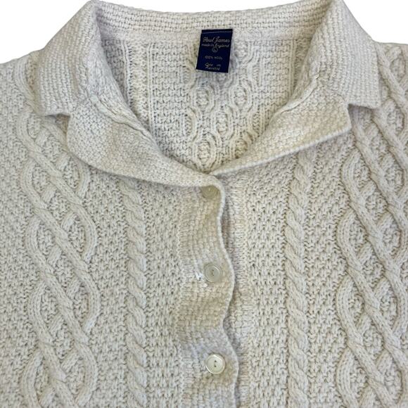 Paul James Sz L 100% Wool Chunky Cable Knit Cardigan Cream Fisherman Shrunken - Picture 9 of 16